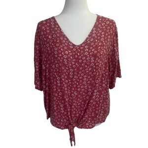Architect Women's Plus  Size 1x Blouse Top Red With Floral V Neck Short Sleeve
